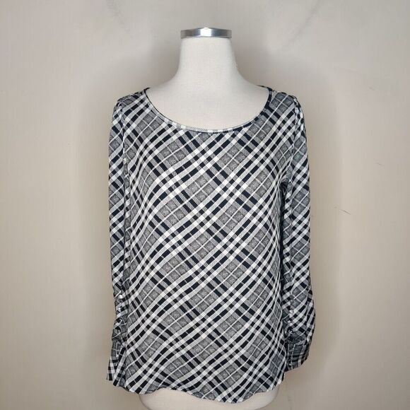 Express Plaid Blouse Chiffon Black White Long Sleeve Popover - Picture 1 of 11